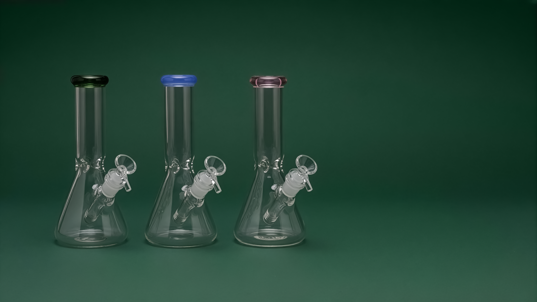 Flow3r 8-inch beaker water pipes in green, blue and pink
