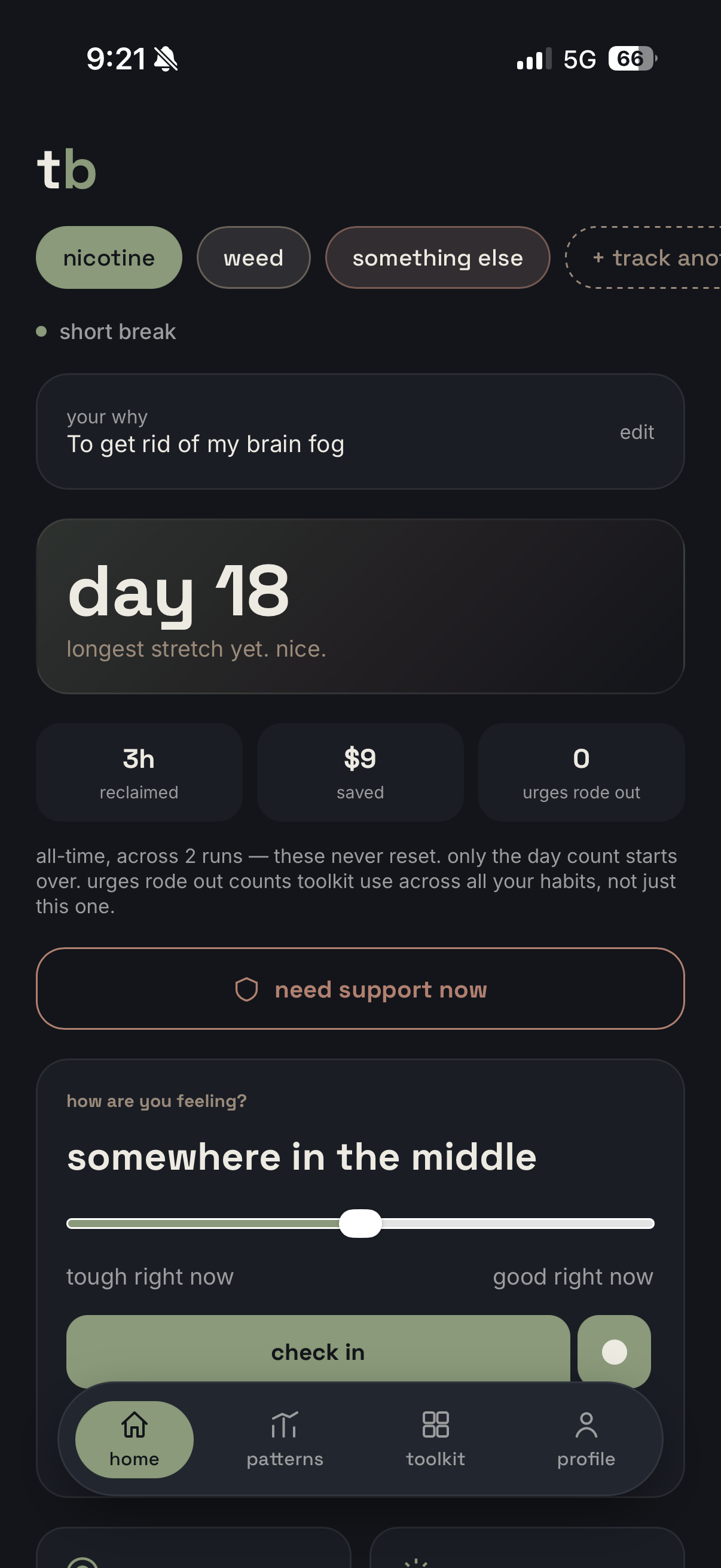 Home screen with nicotine, weed, and a custom habit tracked at once