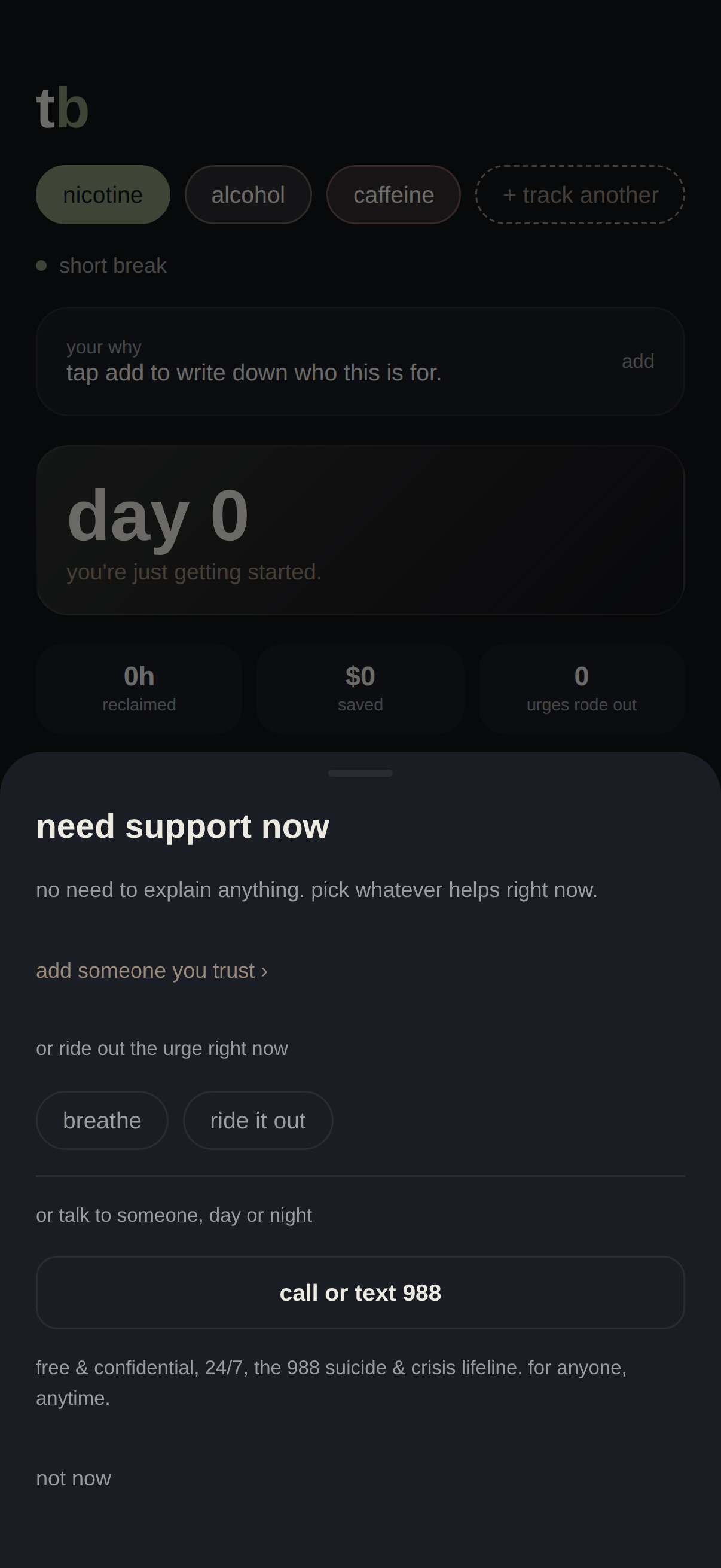 The SOS support sheet with breathing and ride-it-out shortcuts and the 988 crisis line