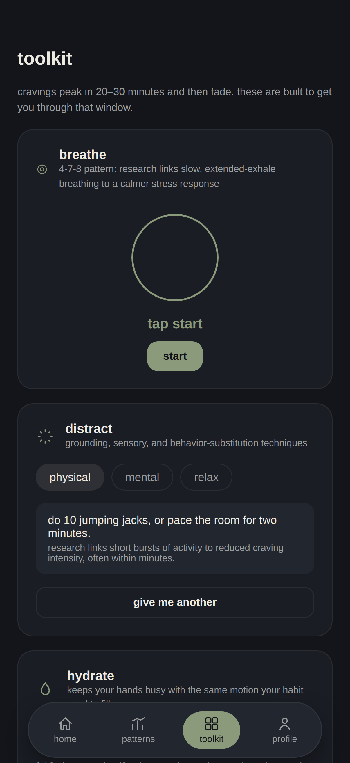 Toolkit screen with breathe and distract tools