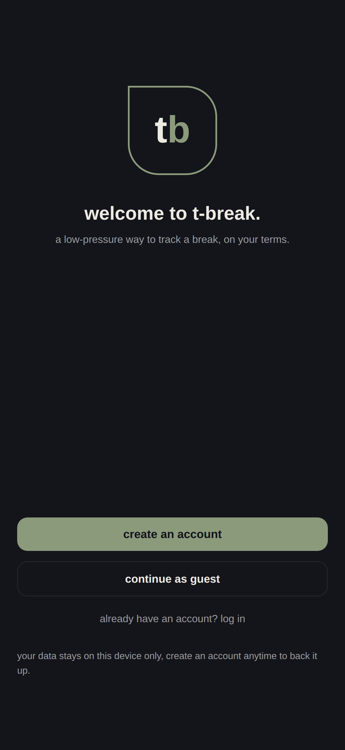 Welcome screen with create account and continue as guest