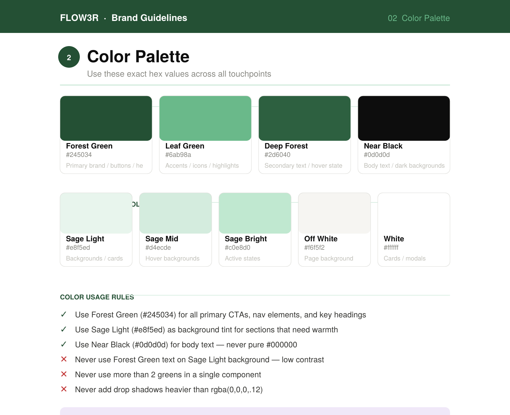 A page from the Flow3r brand guidelines — the color palette and usage rules