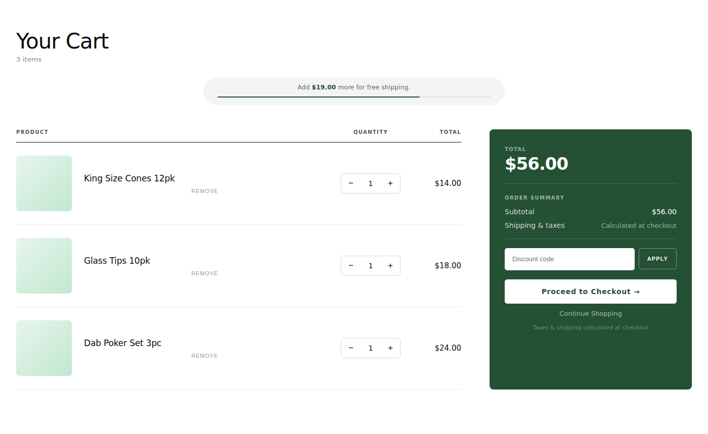 The live cart page with the free-shipping progress bar