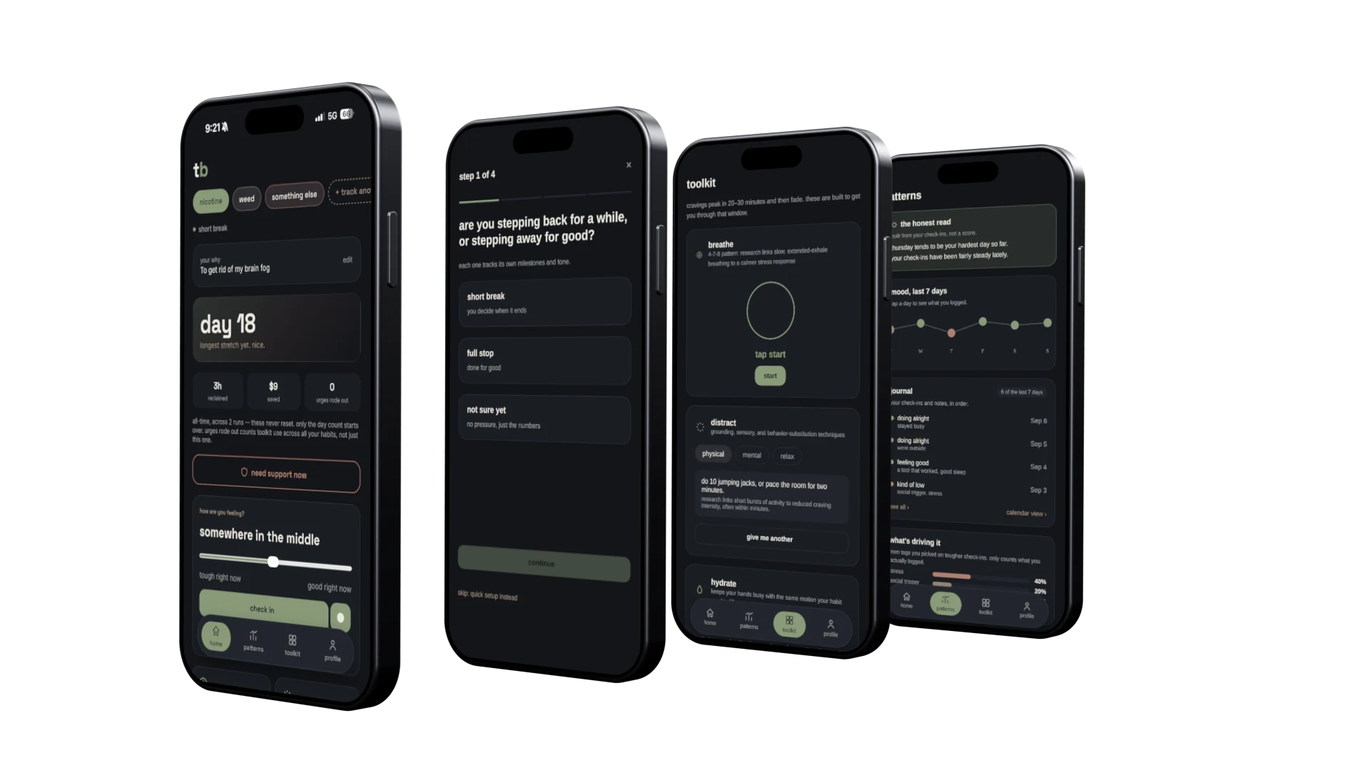 Four real T-Break screens on iPhones, layered in perspective: the home dashboard on day 18, the mode choice, the toolkit, and the patterns page
